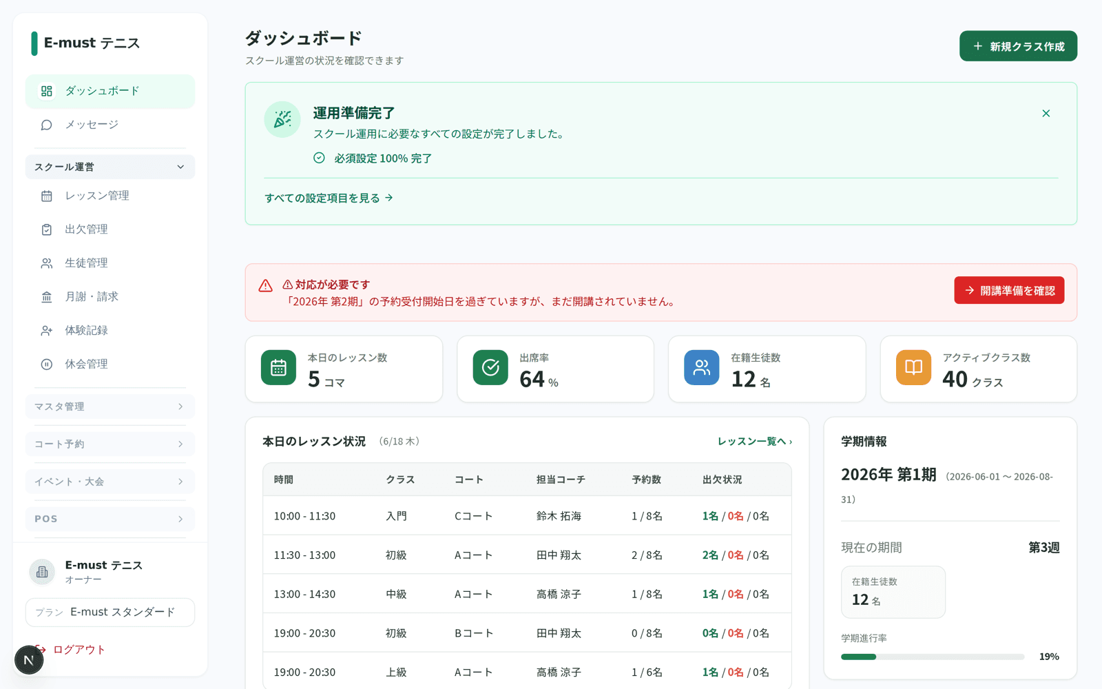 E-must テニス管理:ダッシュボード(デモ画面)